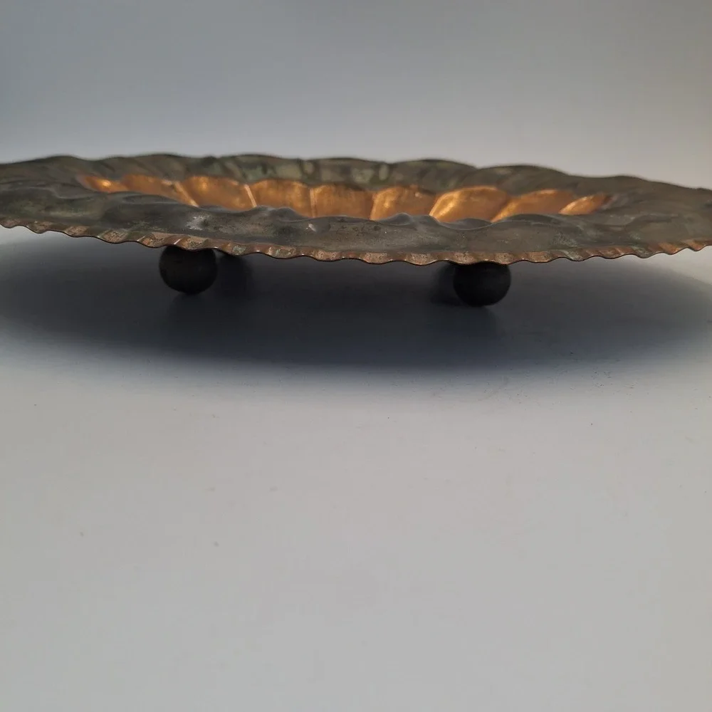 Vintage Italian Copper Footed Tray Scalloped Fluted Oval Serving Platter Italy
